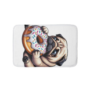 Cute pug doughnut cartoon funny munching bath mat