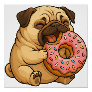 Cute pug doughnut cartoon funny munching  poster