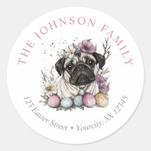 Cute pug Easter watercolor floral return address Classic Round Sticker