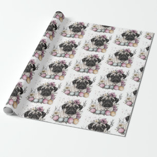 Cute pug Easter watercolor floral Wrapping Paper