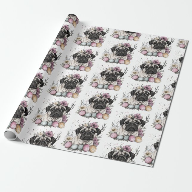 Cute pug Easter watercolor floral  Wrapping Paper (Unrolled)