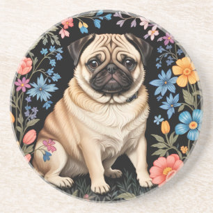 Cute Pug Elegant Colorful Floral Coaster