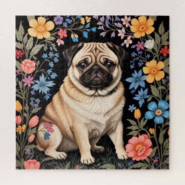 Cute Pug Elegant Colorful Floral Jigsaw Puzzle (Vertical)