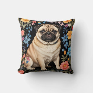 Cute Pug Elegant Colorful Floral Throw Pillow