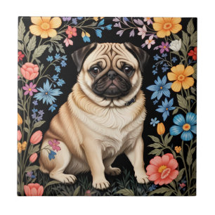 Cute Pug Elegant Colorful Floral Tile