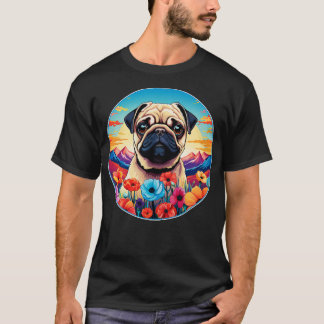 Cute Pug Flower Meadow Mountain Sunset Puppy Dog T-Shirt