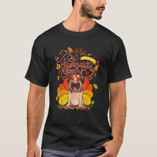 Cute Pug Happy Thanksgiving Turkey Dog Crispy Leaf T-Shirt