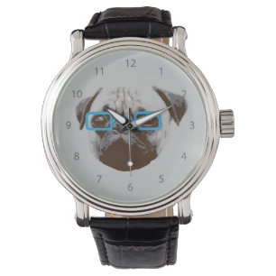 Cute Pug Hipster with Blue Glasses Watch