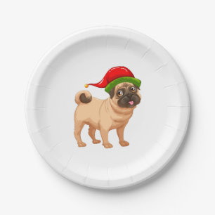 Cute Pug in a Christmas Elf Hat   Paper Plate