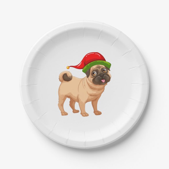 Cute Pug in a Christmas Elf Hat   Paper Plate (Front)