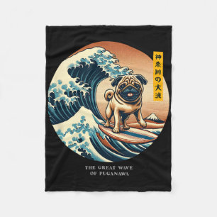 Cute Pug Kanagawa Wave Surfing Japanese Kawaii Vin Fleece Blanket