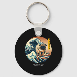 Cute Pug Kanagawa Wave Surfing Japanese Kawaii Vin Keychain
