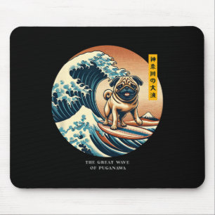 Cute Pug Kanagawa Wave Surfing Japanese Kawaii Vin Mouse Pad
