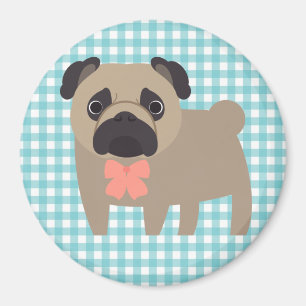 Cute Pug on Blue and White Gingham Design Magnet