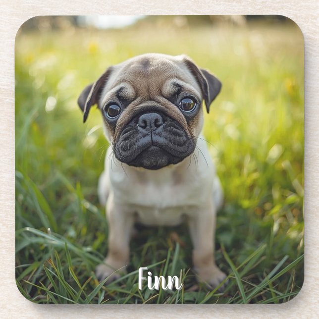 Cute Pug Personalized Beverage Coaster Set (Front)