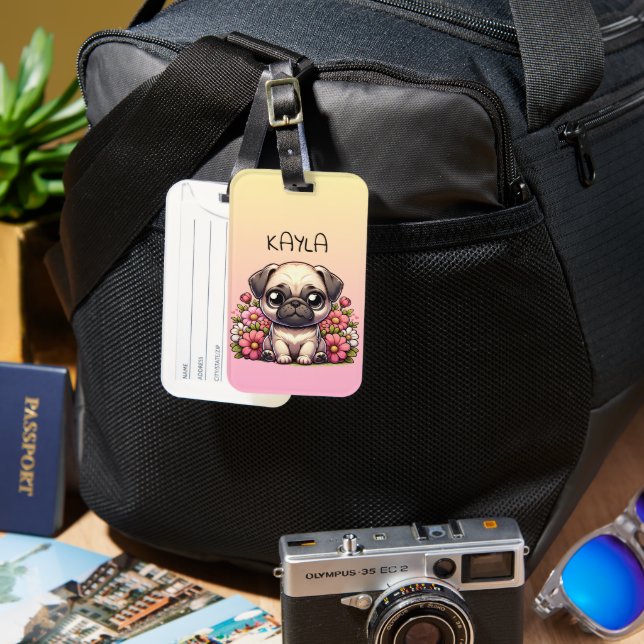 Cute Pug Pink and Yellow Personalized Luggage Tag (Front & Back)