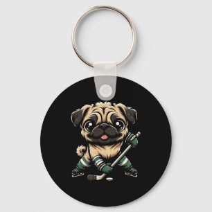 Cute Pug Playing Ice Hockey Dog Design Men Women G Keychain