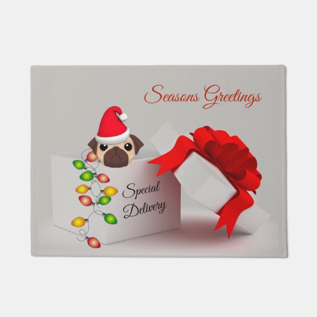 Cute Pug Puppy Christmas Doormat (Front)