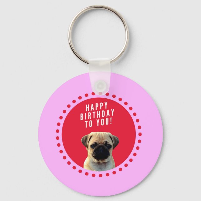 Cute Pug Puppy Dog Happy Birthday Red Dots Pink Keychain (Front)