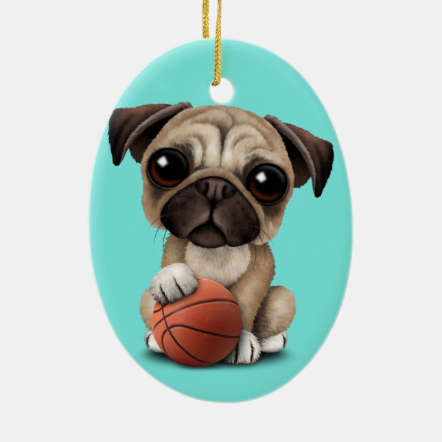 Cute Pug Puppy Dog Playing With Basketball Ceramic Ornament (Back)