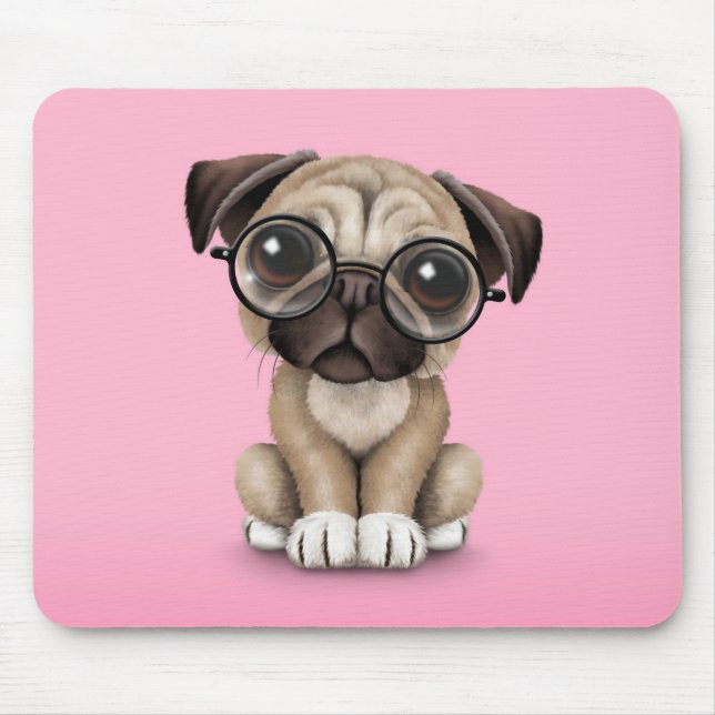 Cute Pug Puppy Dog Wearing Reading Glasses, Pink Mouse Pad (Front)