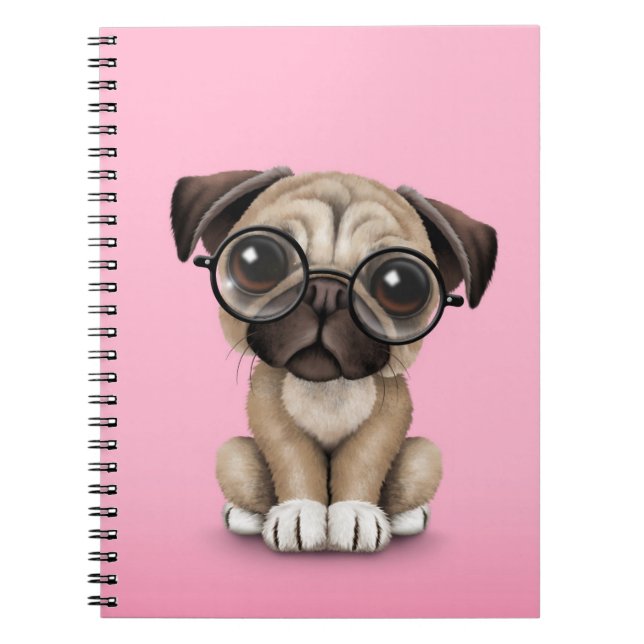 Cute Pug Puppy Dog Wearing Reading Glasses, Pink Notebook (Front)