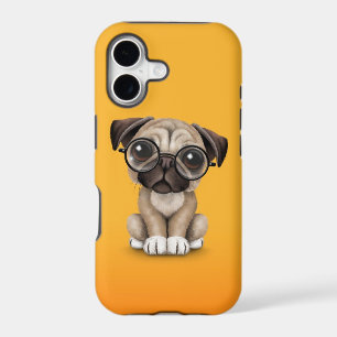 Cute Pug Puppy Dog Wearing Reading Glasses, Yellow