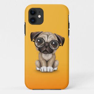 Cute Pug Puppy Dog Wearing Reading Glasses, Yellow iPhone 11 Case