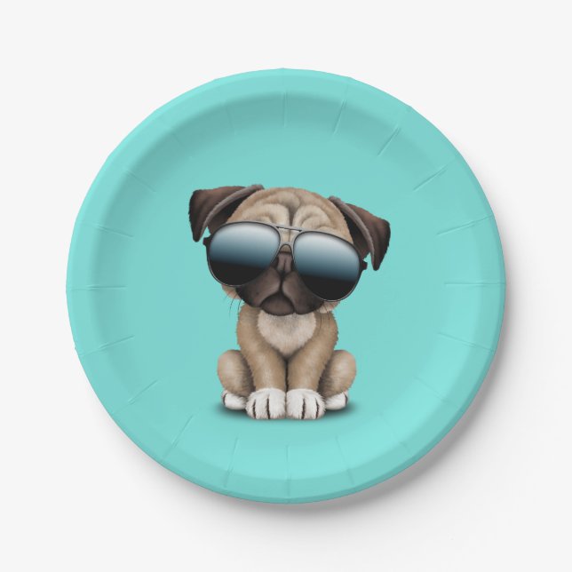 Cute Pug Puppy Dog Wearing Sunglasses Paper Plate (Front)