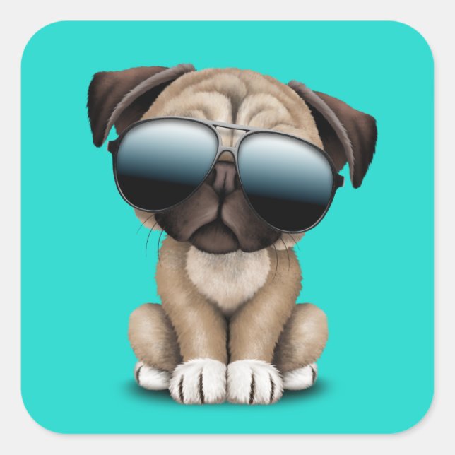 Cute Pug Puppy Dog Wearing Sunglasses Square Sticker (Front)