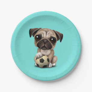 Cute Pug Puppy Dog With Football Soccer Ball Paper Plate