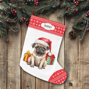 Cute Pug Puppy Santa Hat Snowflake Large Christmas Stocking