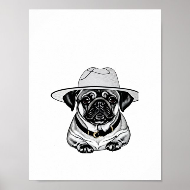 Cute Pug Puppy Wearing Hat Poster Print (Front)