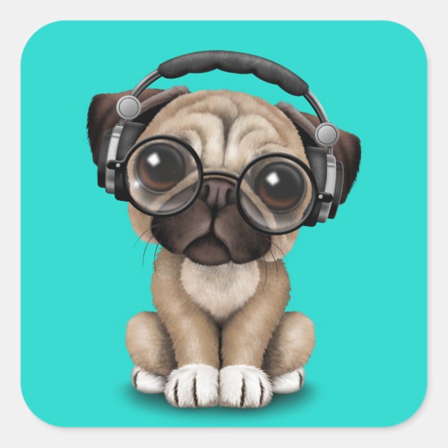 Cute Pug Puppy Wearing Headphones Square Sticker (Front)