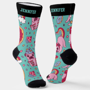 Cute Pug Rainbow Cupcake Retro Pattern Dog Lover Socks