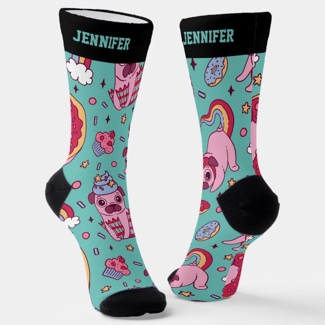 Cute Pug Rainbow Cupcake Retro Pattern Dog Lover Socks (Angled)