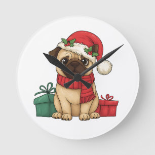 Cute Pug Santa Christmas Gift Illustration Round Clock