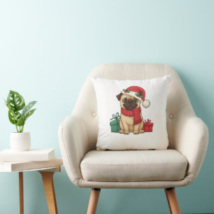 Cute Pug Santa Christmas Gift Illustration Throw Pillow