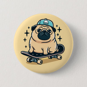 Cute Pug Skate-Boarding 2 Inch Round Button