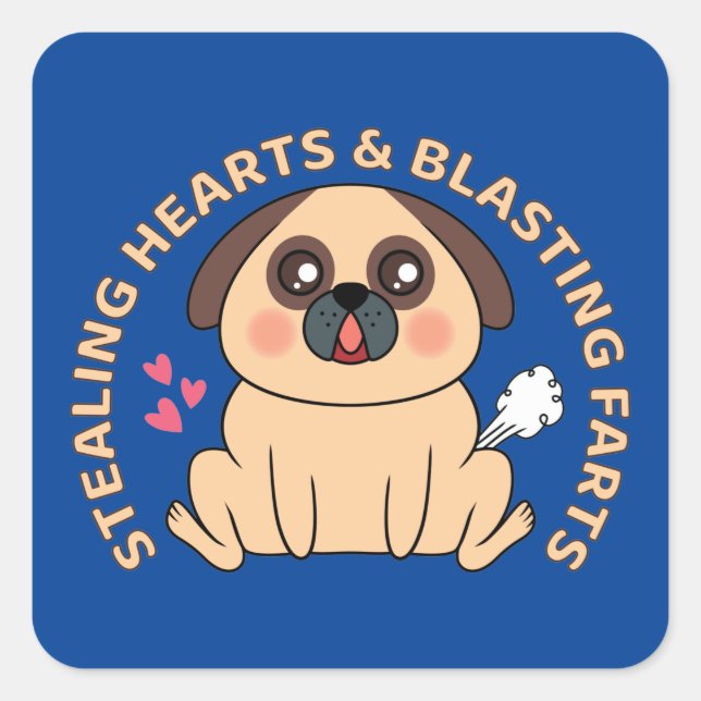 Cute Pug Stealing Hearts & Blasting Farts Square Sticker (Front)