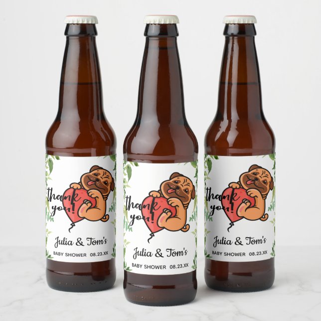 Cute Pug Thank You Baby Shower Beer Bottle Label (Bottles)