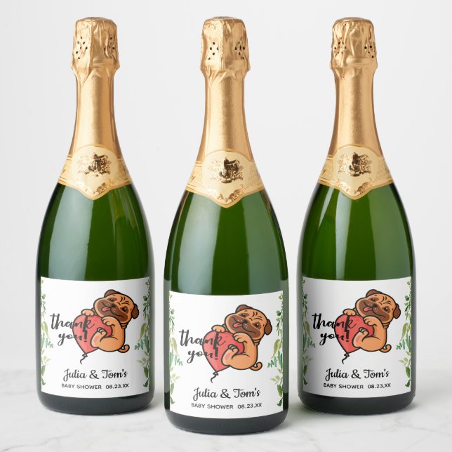Cute Pug Thank You Baby Shower Gold Sparkling Wine Label (Bottles)