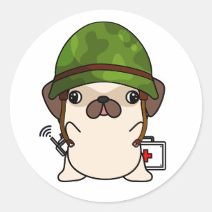 Cute Pug Wearing army helmet Classic Round Sticker