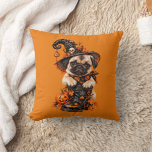 Cute Pug Witch Halloween Pumpkin Throw Pillow