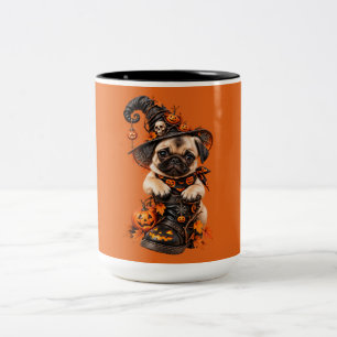 Cute Pug Witch Halloween Pumpkin Two-Tone Coffee Mug