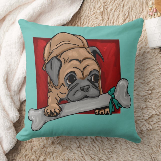 Cute pug with big bone throw pillow (Blanket)