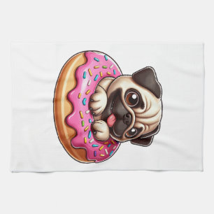Cute pug with doughnut cartoon dog lover kitchen towel