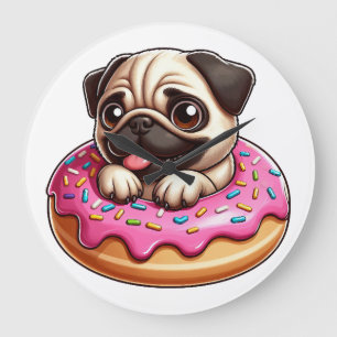 Cute pug with doughnut cartoon dog lover large clock