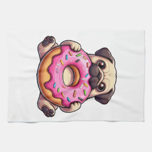 Cute pug with doughnut funny cartoon dog kitchen towel