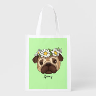 Cute pug with flower wreath on head reusable grocery bag